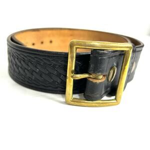 Triple K Black Basketweave Embossed Leather Brass Buckle Western Belt Size 32